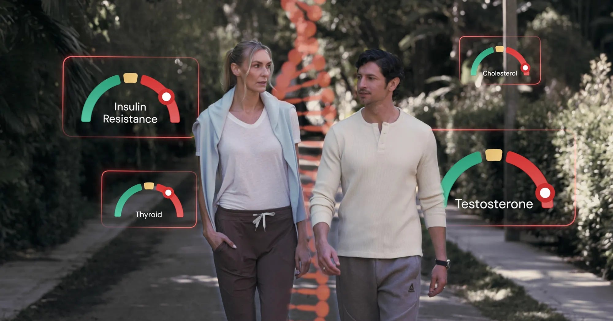 Healthy middle-aged couple walking outdoors with DNA and metabolic health graphics representing cholesterol, insulin resistance, thyroid function, and hormone health.