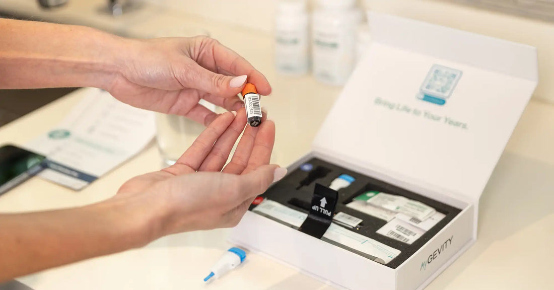 MyGevity DNA testing kit with sample collection vial being prepared for genetic health analysis