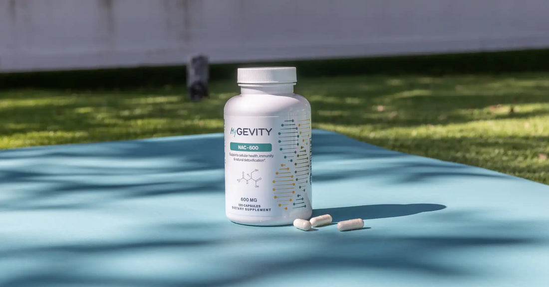 MyGevity NAC-600 supplement bottle displayed outdoors with capsules beside it.