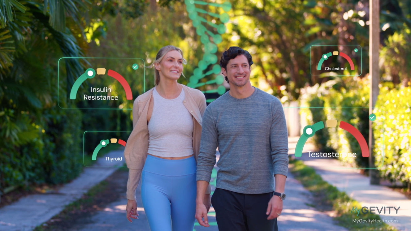 Two people walking outdoors with health metrics displaying in the air around them