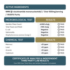 Chart with active ingredients, microbiological test results, and chemical test results for MyGevity NMN.