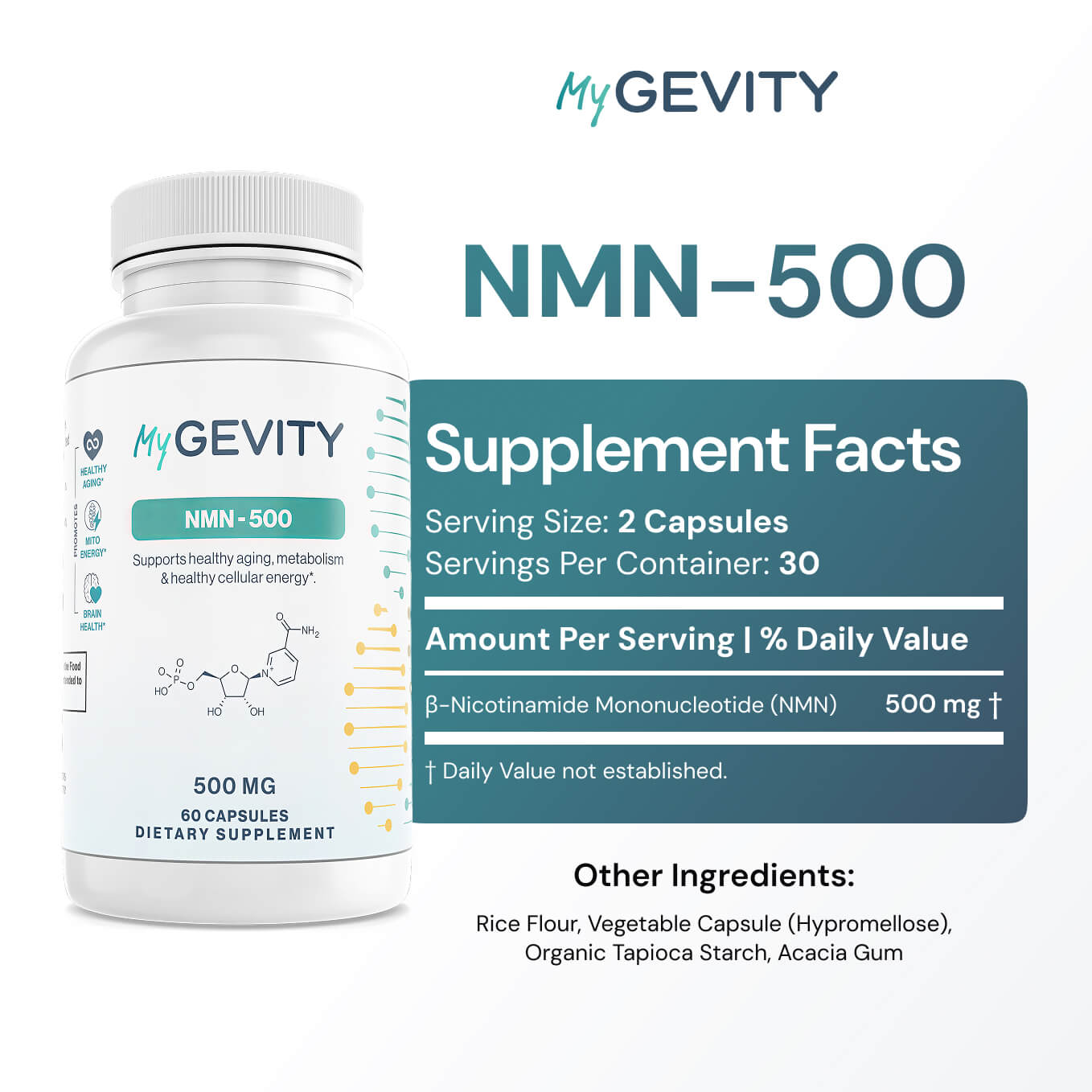 MyGevity NMN serving size 2 capsules contains 500mg 30 capsules in bottle
