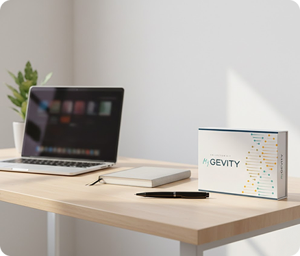 MyGevity test kit on desk next to computer