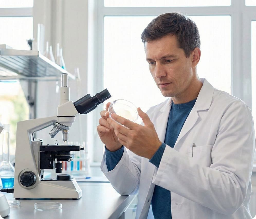 Scientist examining a sample in a laboratory with a microscope.