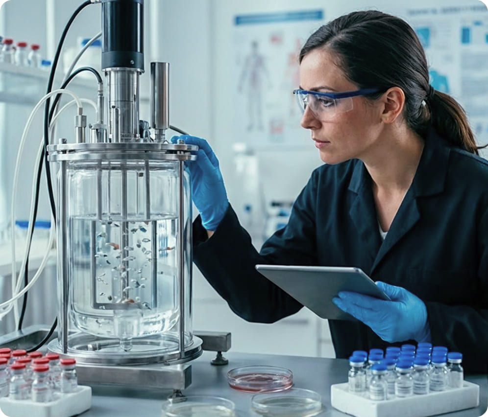 Scientist in a lab using a tablet computer with laboratory equipment and samples in the background