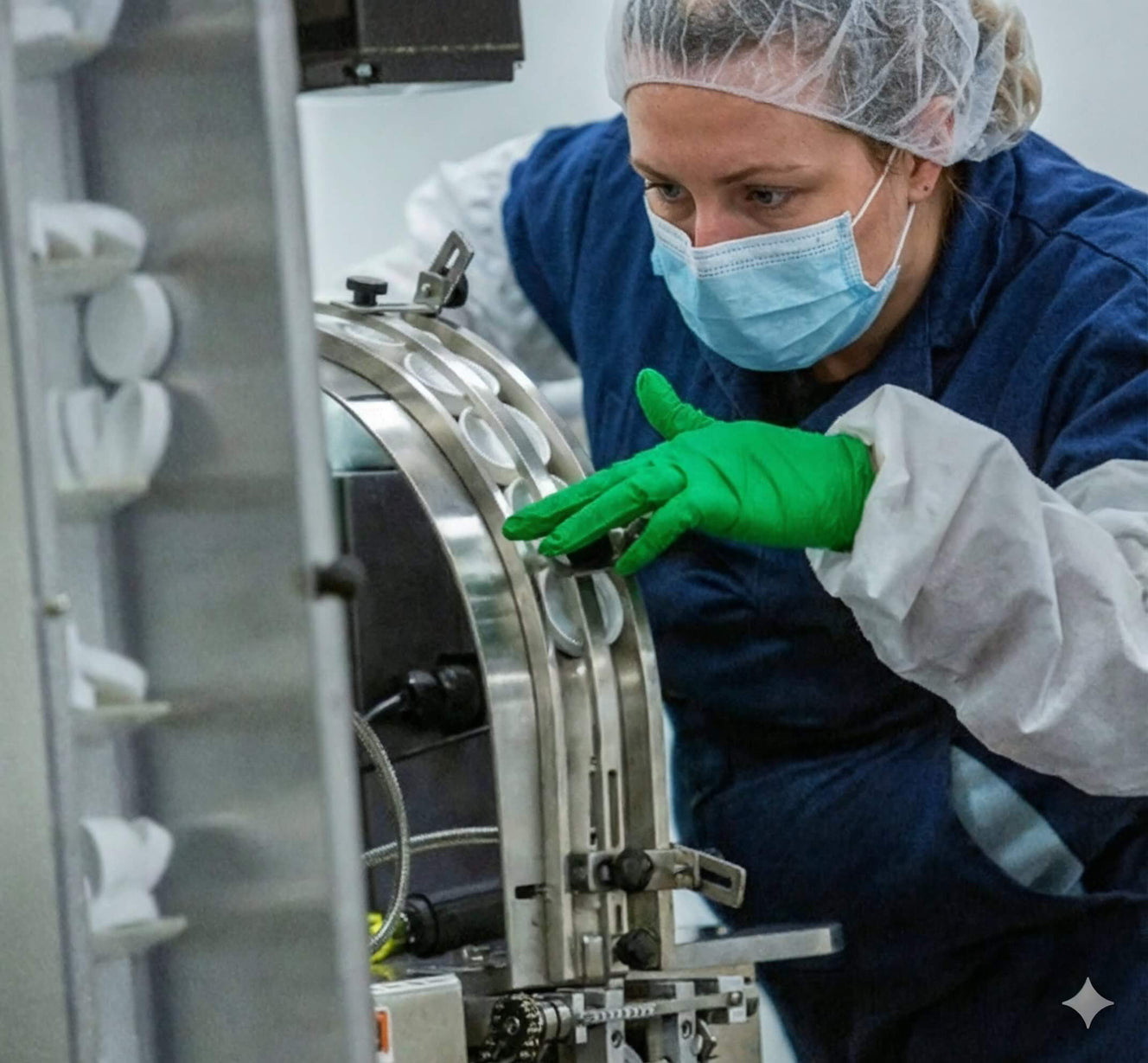 Person in a lab setting wearing protective gear working on machinery.
